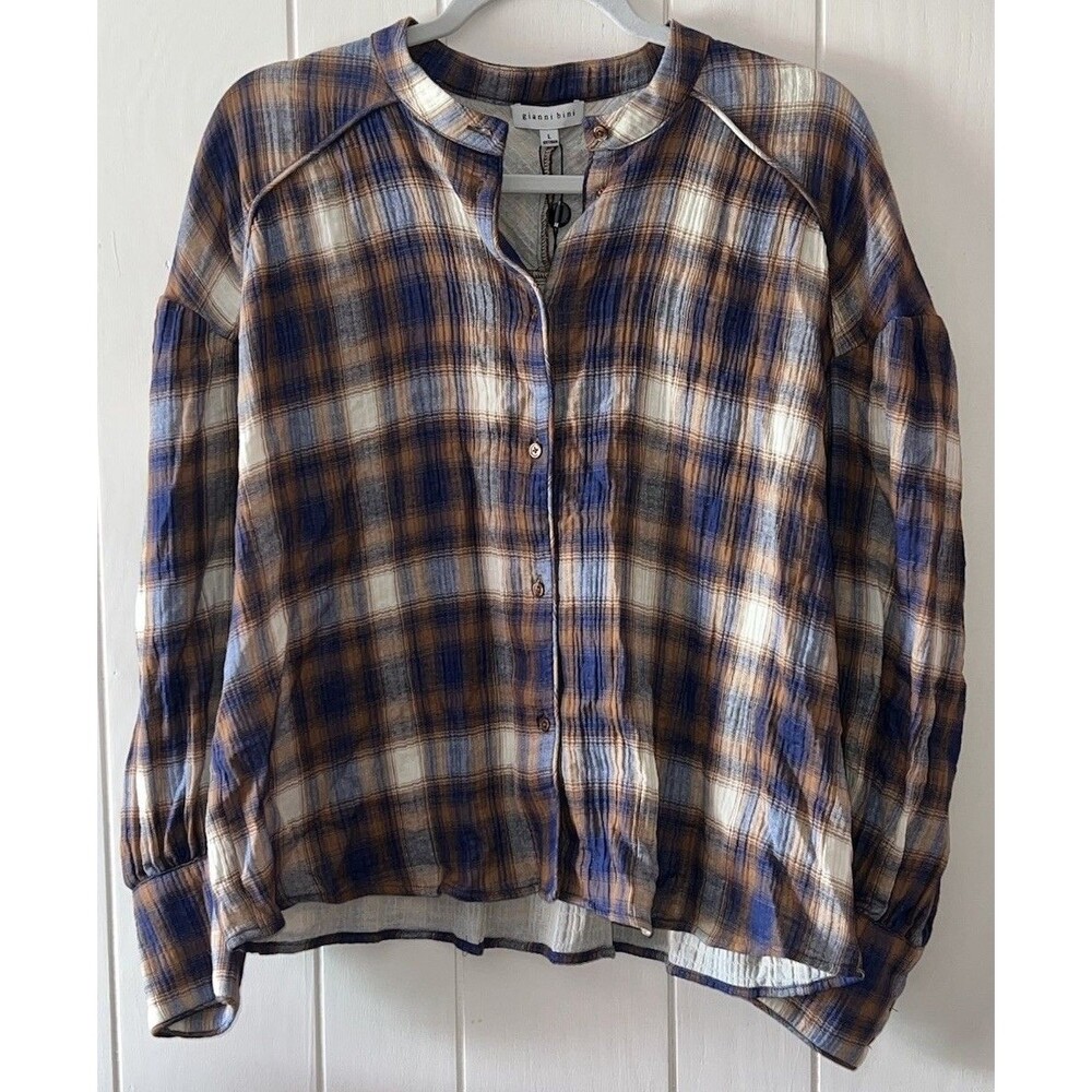 Gianni Bini Laurel Flannel Shirt Top Size Large Button Up Plaid Boxy Brown Blue